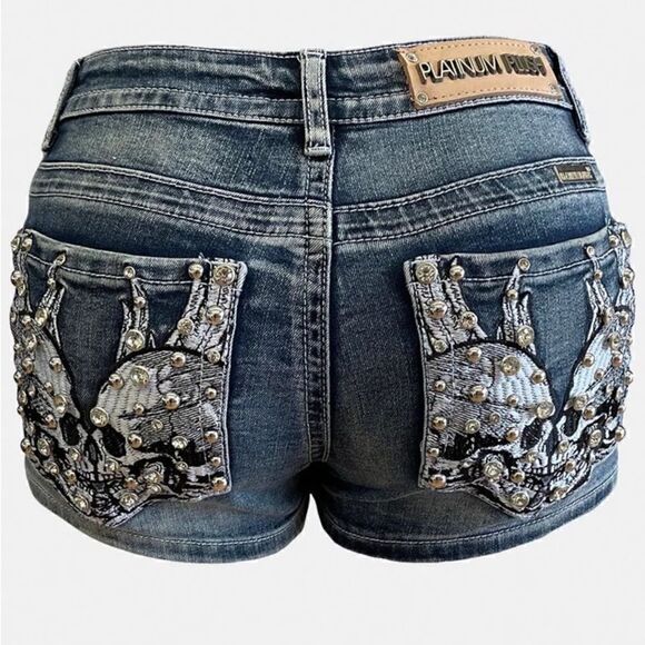 platinum plush Pants - Platinum Plush Mirrored Skull Rhinestone Embellished Shorts